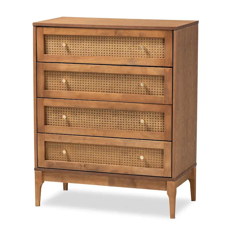 Mid-Century Modern Ash Walnut Finished Wood and Rattan 4-Drawer Chest