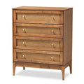 Mid-Century Modern Ash Walnut Finished Wood and Rattan 4-Drawer Chest
