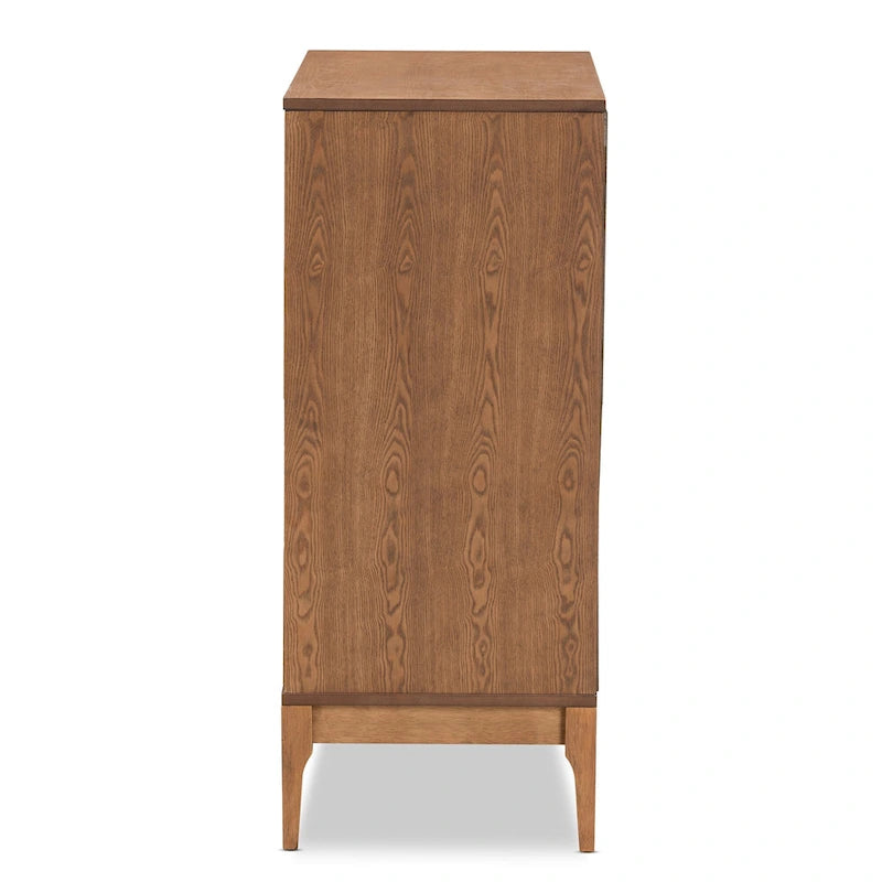  Mid-Century Modern Ash Walnut Finished Wood and Rattan 4-Drawer Chest