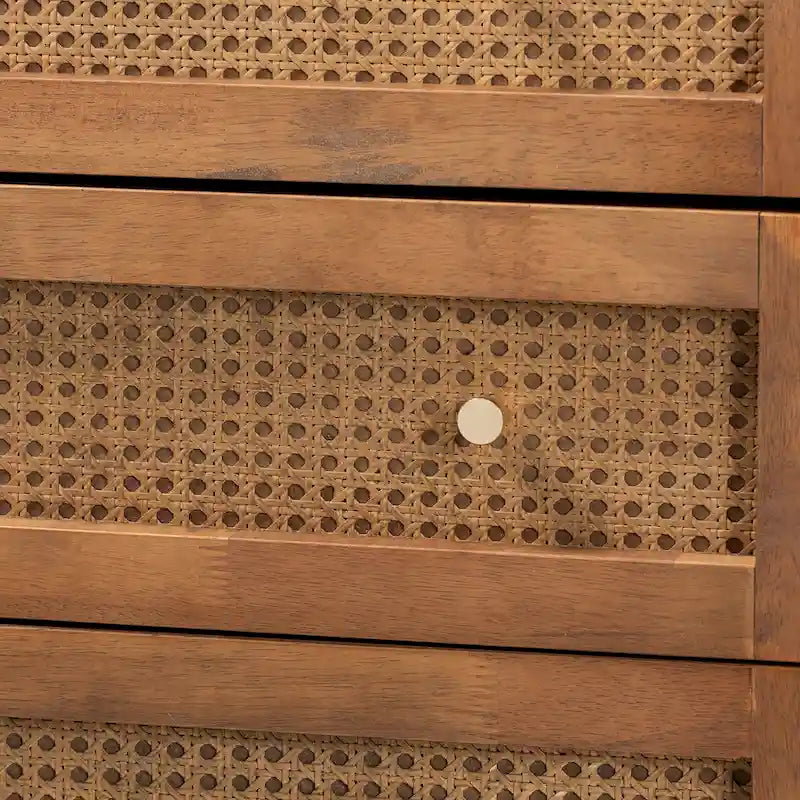 Mid-Century Modern Ash Walnut Finished Wood and Rattan 4-Drawer Chest