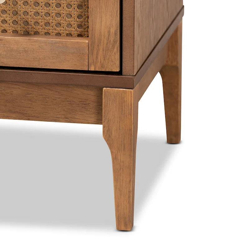 Mid-Century Modern Ash Walnut Finished Wood and Rattan 4-Drawer Chest