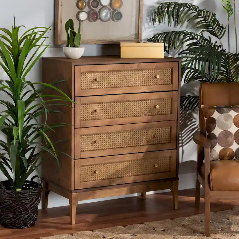 Mid-Century Modern Ash Walnut Finished Wood and Rattan 4-Drawer Chest