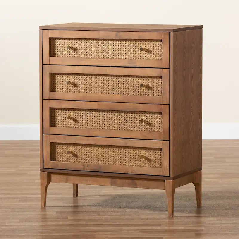 Mid-Century Modern Ash Walnut Finished Wood and Rattan 4-Drawer Chest