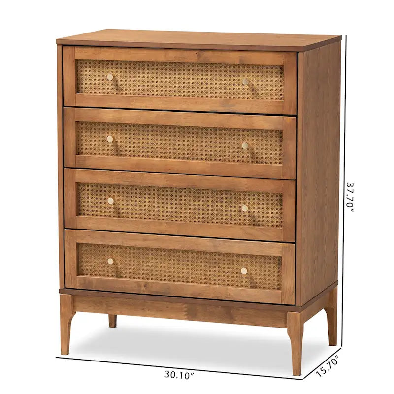Mid-Century Modern Ash Walnut Finished Wood and Rattan 4-Drawer Chest