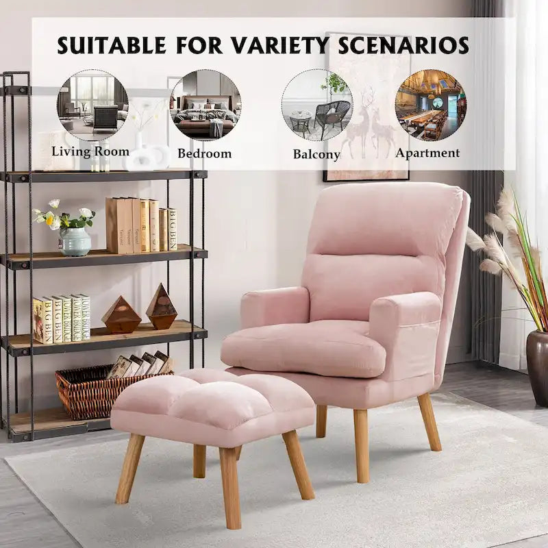 Velvet Fabric Armchair with Ottoman with Adjustable Backrest and Side Pockets