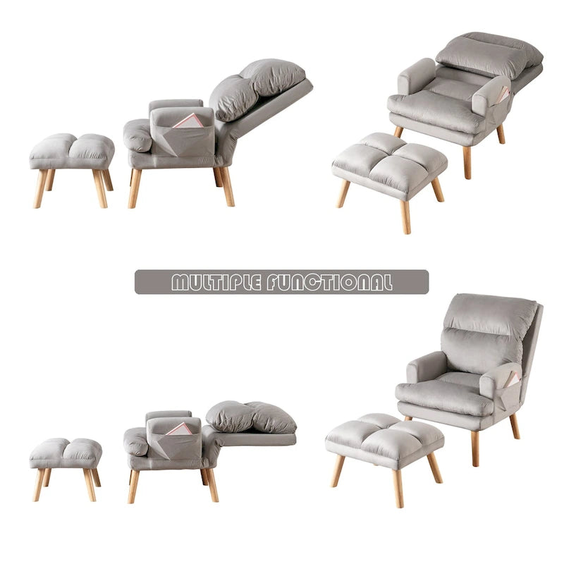 Velvet Fabric Armchair with Ottoman with Adjustable Backrest and Side Pockets