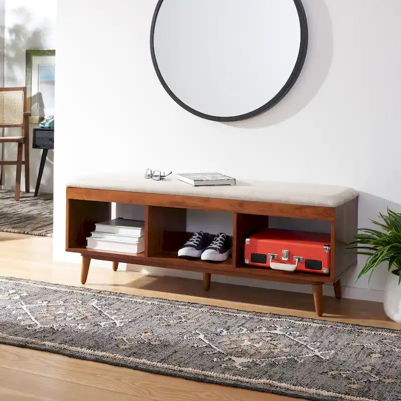 Margarita Mid-Century Modern Open Shelf Storage Bench w/Cushion - 48Wx14Dx18H