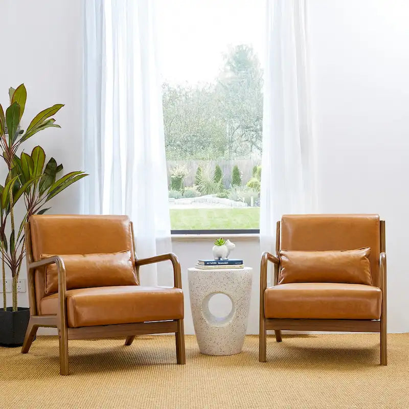 Set of 2 30.75H Mid-Century Modern PU Leather Accent Chairs with Cushion - 25.75W x 33.75D x 30.75H