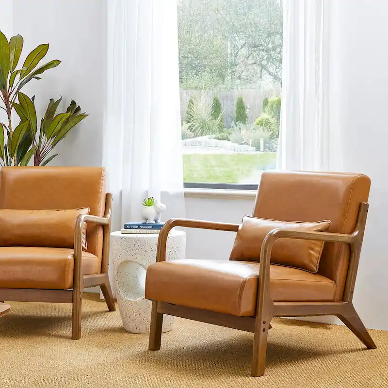 Set of 2 30.75H Mid-Century Modern PU Leather Accent Chairs with Cushion - 25.75W x 33.75D x 30.75H