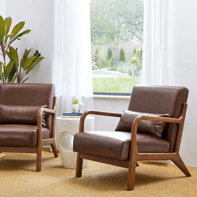 Set of 2 30.75H Mid-Century Modern PU Leather Accent Chairs with Cushion - 25.75W x 33.75D x 30.75H