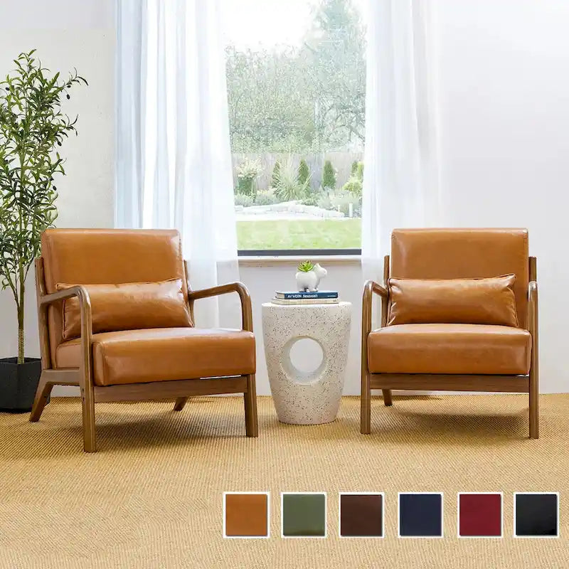 Set of 2 30.75H Mid-Century Modern PU Leather Accent Chairs with Cushion - 25.75W x 33.75D x 30.75H