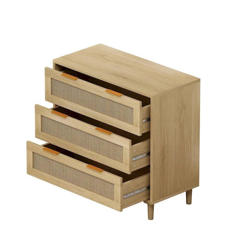 Oak 3-drawers Rattan Storage Cabinet - crafted from high-quality MDF with eco-friendly rattan drawer fronts.