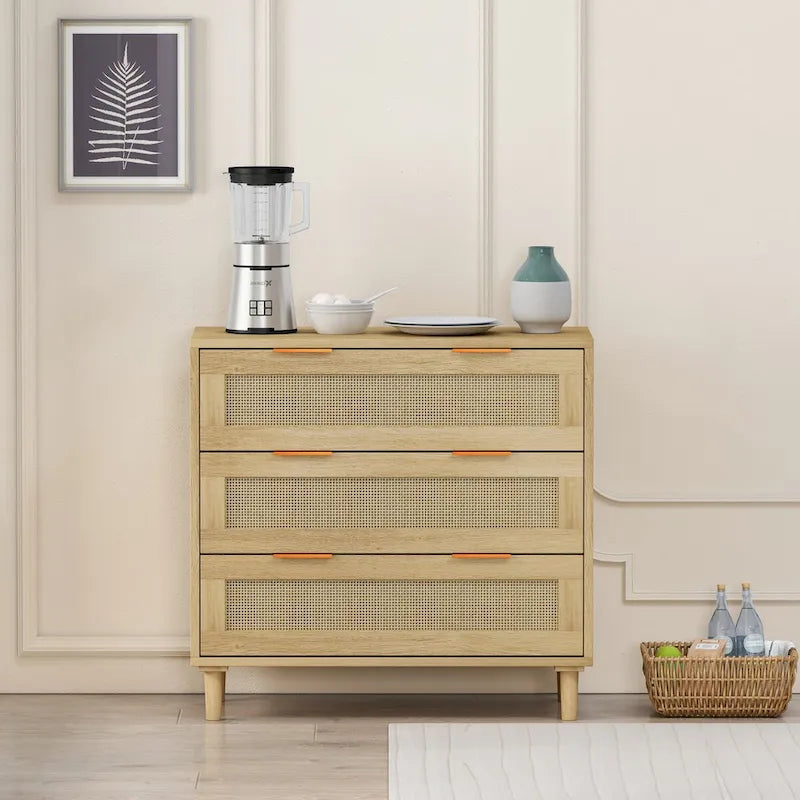 Oak 3-drawers Rattan Storage Cabinet - crafted from high-quality MDF with eco-friendly rattan drawer fronts.