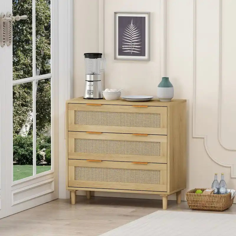 Oak 3-drawers Rattan Storage Cabinet - crafted from high-quality MDF with eco-friendly rattan drawer fronts.