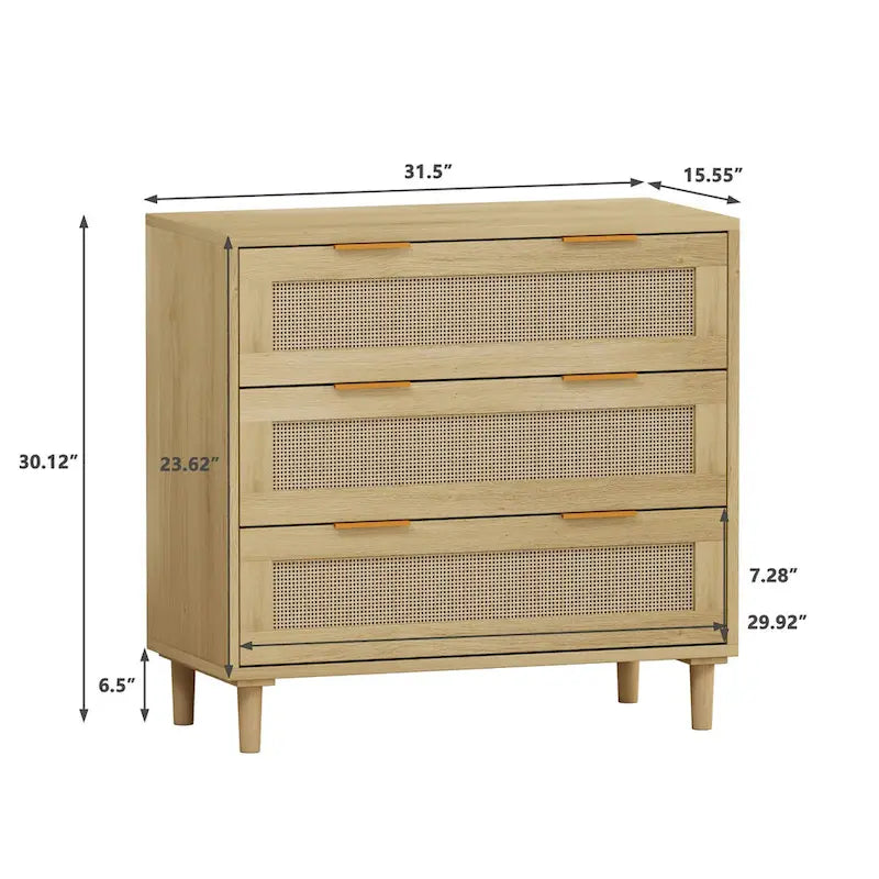 Oak 3-drawers Rattan Storage Cabinet - crafted from high-quality MDF with eco-friendly rattan drawer fronts.