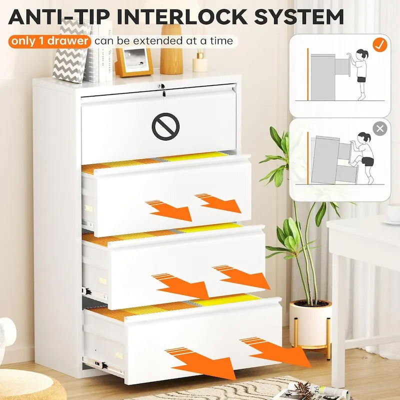 4 Drawer Metal Lateral Filing Cabinet with Lock