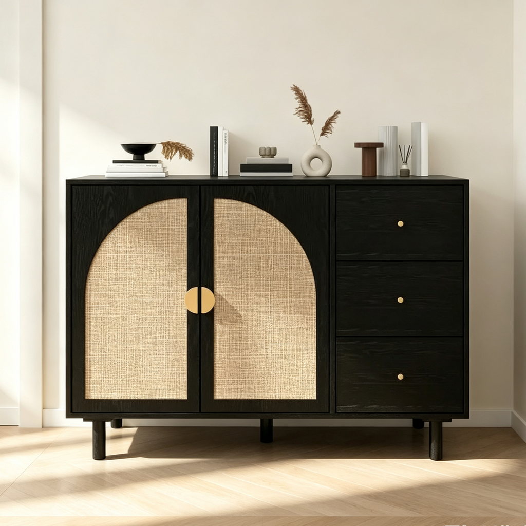2 Doors Rattan Storage Cabinet with Adjustable Shelves and 3 Drawers