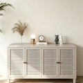 60-in Farmhouse Natural Wood Wash 4 Shutter Door Wooden Sideboard Buffet Server Accent Storage Cabinet