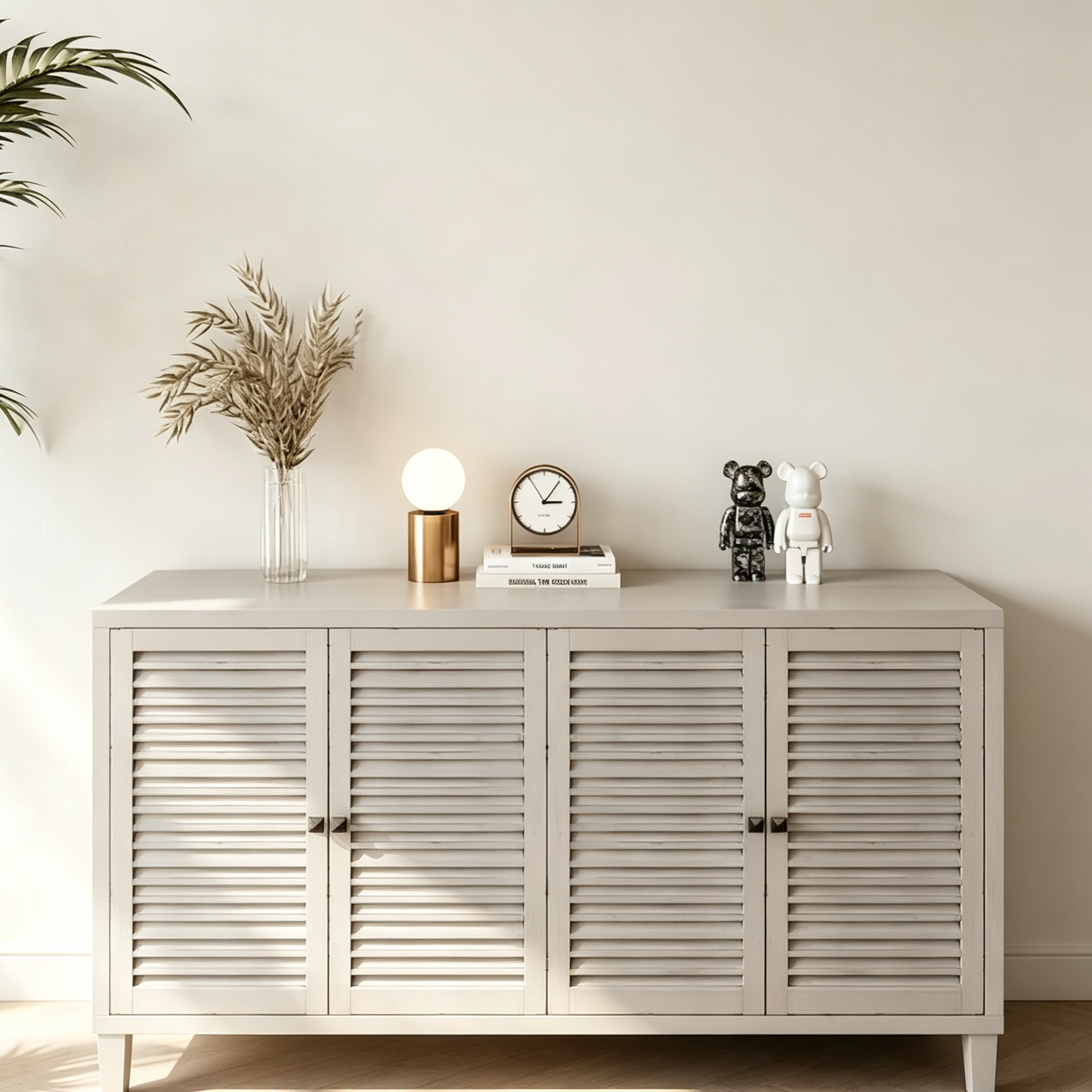 60-in Farmhouse Natural Wood Wash 4 Shutter Door Wooden Sideboard Buffet Server Accent Storage Cabinet