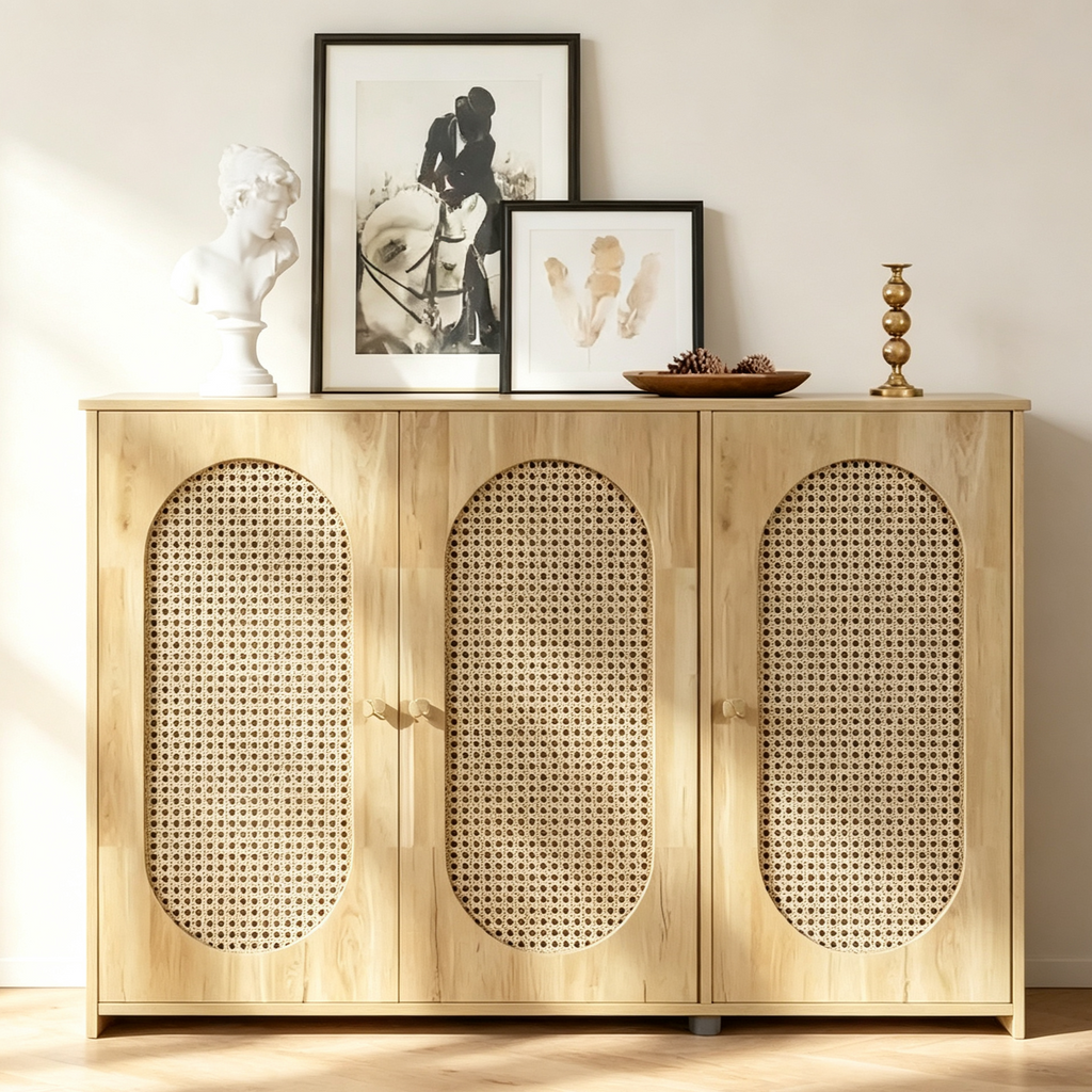 Buffet Cabinet with Artificial Rattan Doors, 3-Door Sideboard Cabinet with Shelves, Coffee Bar Cabinet with Metal Handles