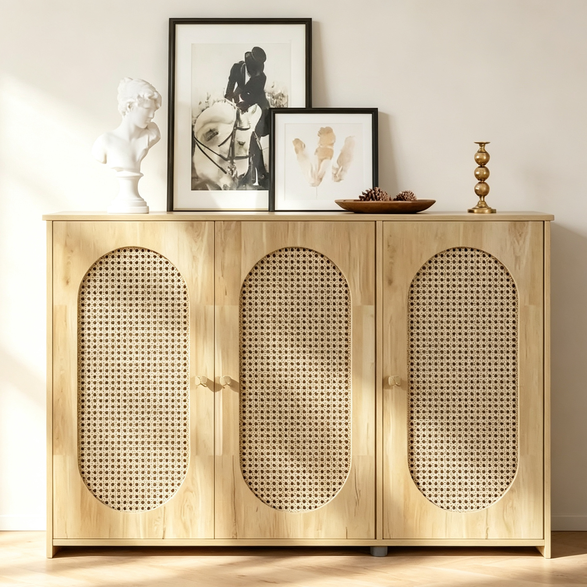 Buffet Cabinet with Artificial Rattan Doors, 3-Door Sideboard Cabinet with Shelves, Coffee Bar Cabinet with Metal Handles