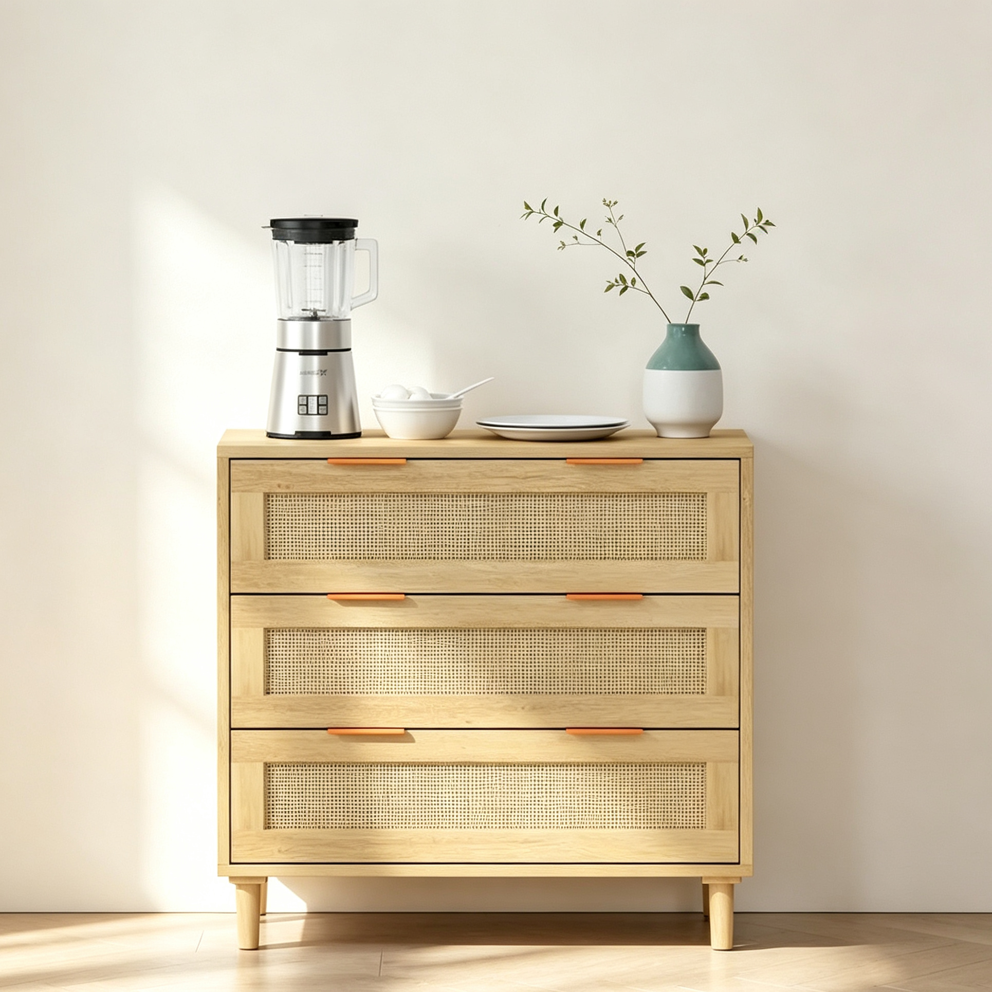 Oak 3-drawers Rattan Storage Cabinet - crafted from high-quality MDF with eco-friendly rattan drawer fronts.