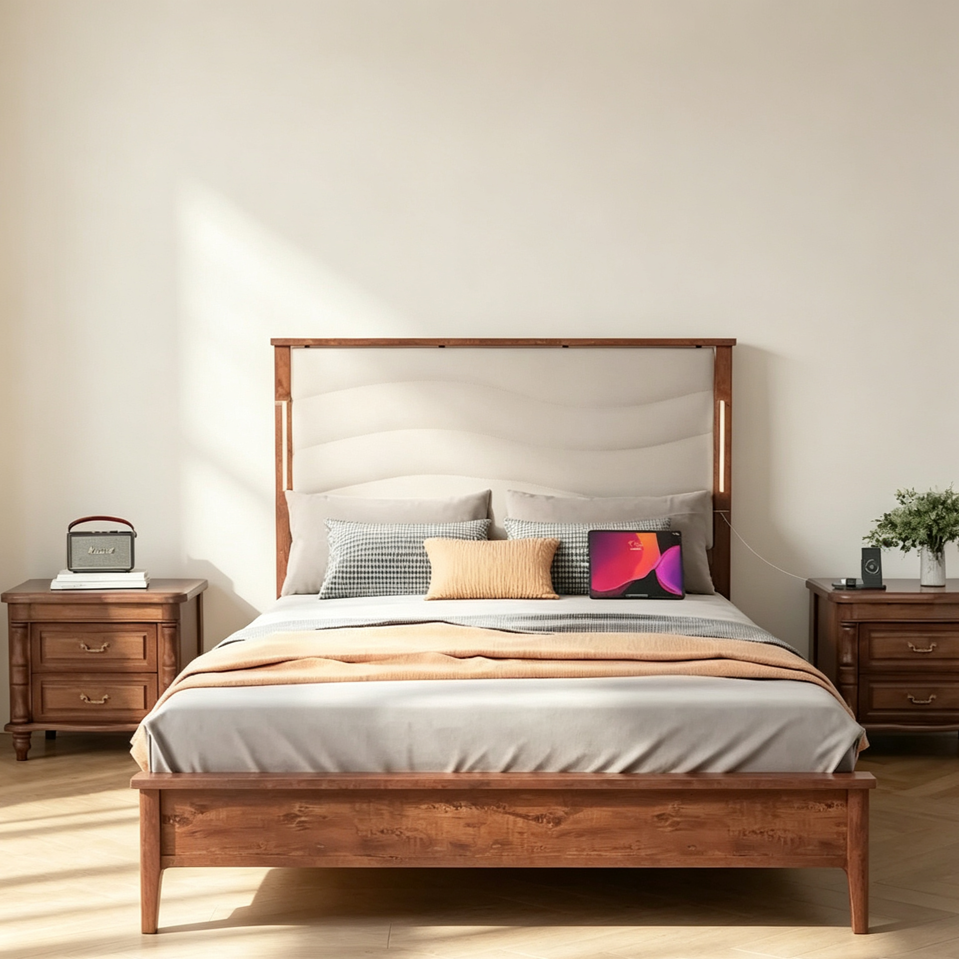 King Size Bed Frame with Upholstered Headboard, Charging Station