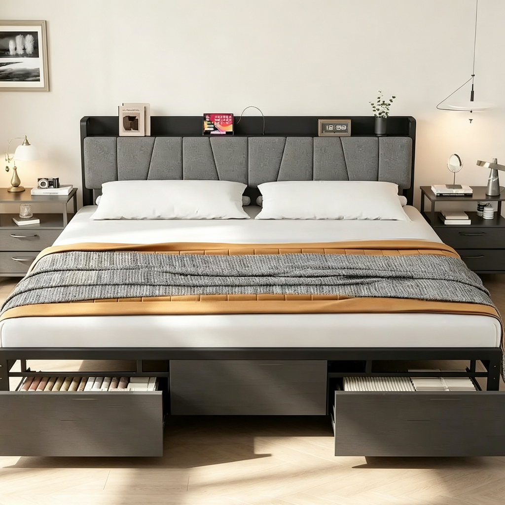 Bed Frame with Storage Headboard, Industrial Platform Bed with 2 Large Drawers and Charging Station, Black