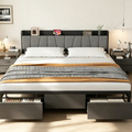 Bed Frame with Storage Headboard, Industrial Platform Bed with 2 Large Drawers and Charging Station, Black