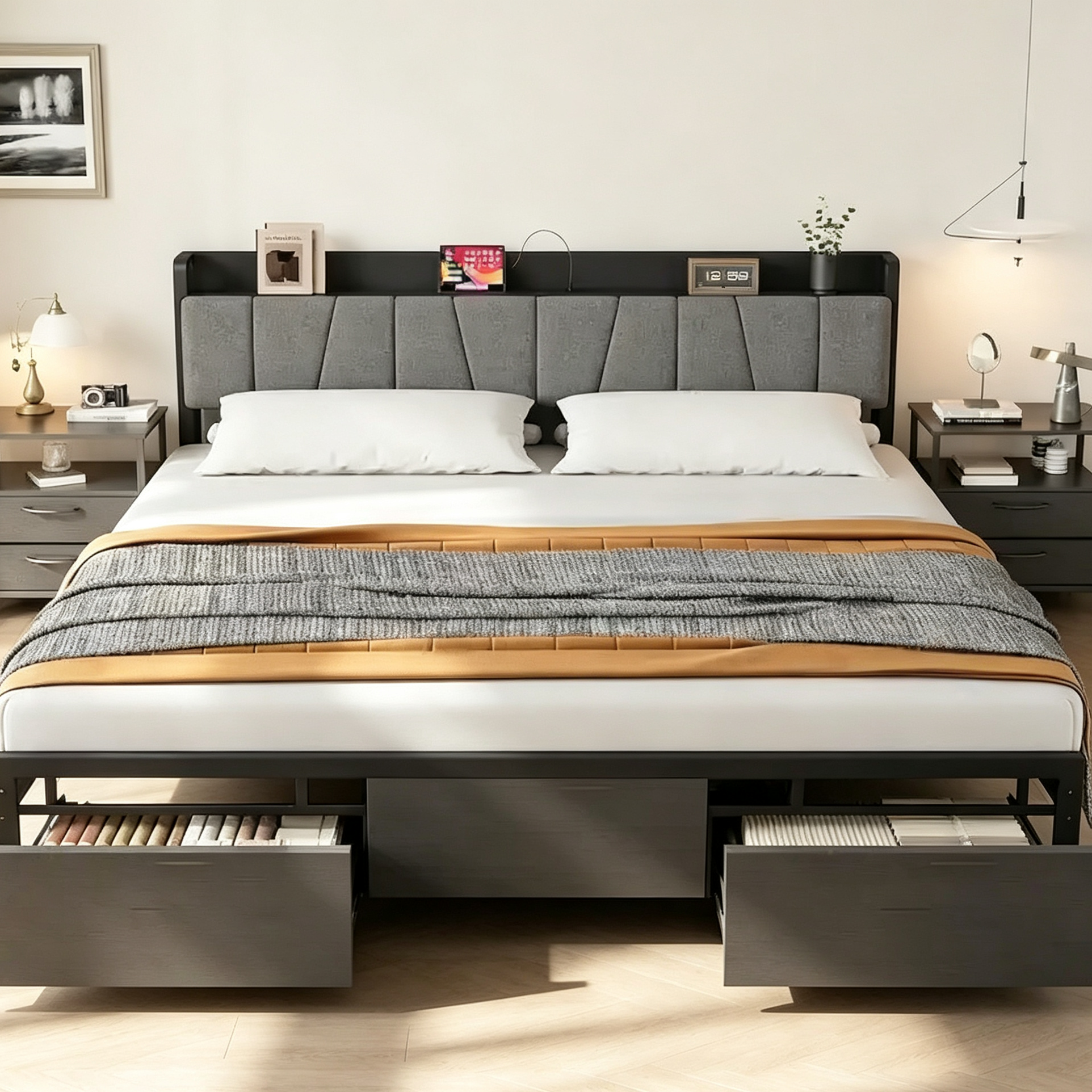 Bed Frame with Storage Headboard, Industrial Platform Bed with 2 Large Drawers and Charging Station, Black